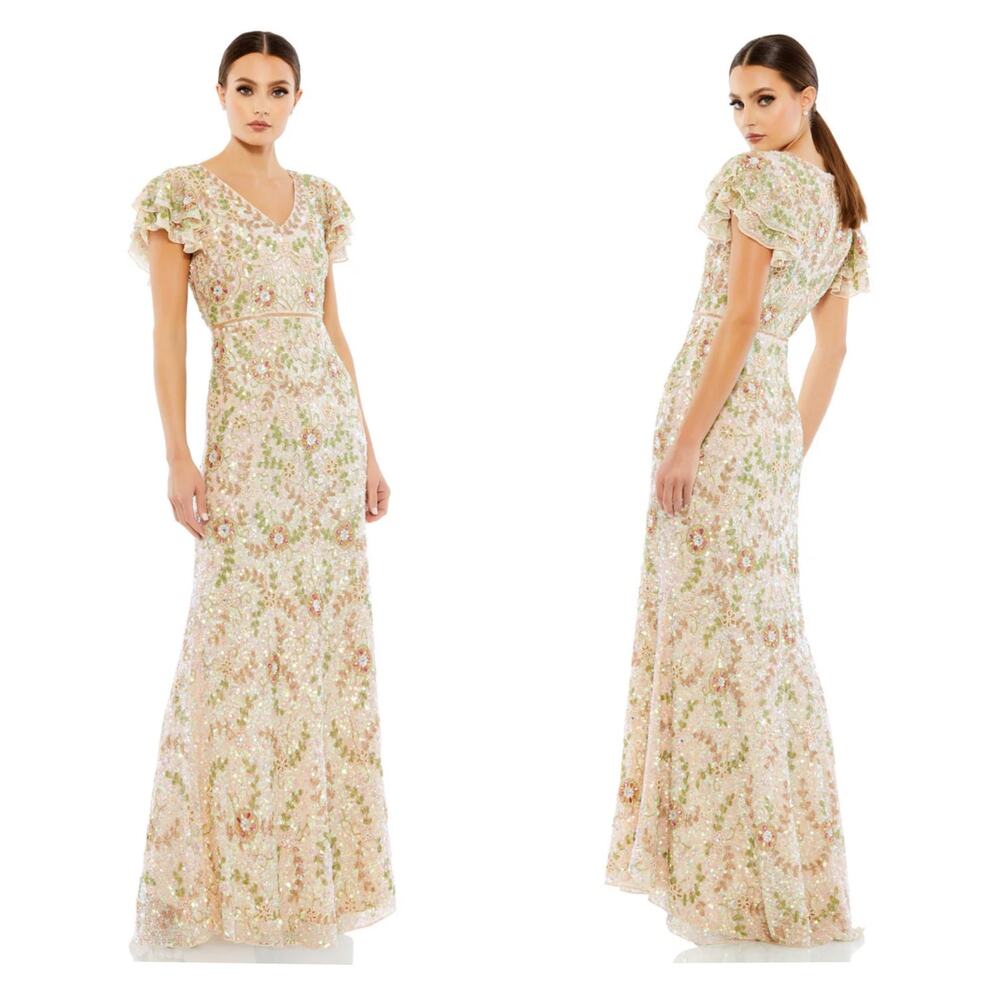 Mac Duggal Formal Embellished Beaded Cap Sleeve Long Gown Nude Size 12 NWT
